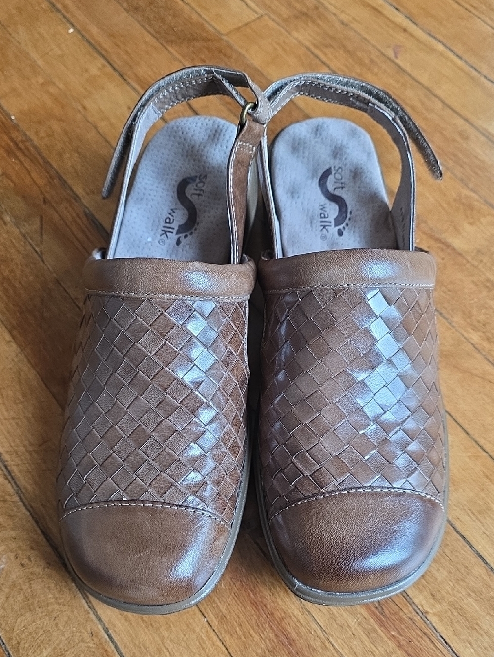 SoftWalk Brown Woven Leather Clog Sandals with Back Strap